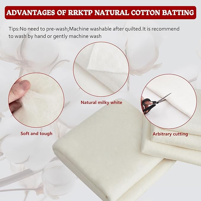 RRKTP Cotton Batting for Quilting，200 g/m² Lightweight Quilt Batting Crib Size，Natural All Season Comfort Cotton Stuffing, Sewing Handmade & DIY Crafts 50"×60" - Image 3