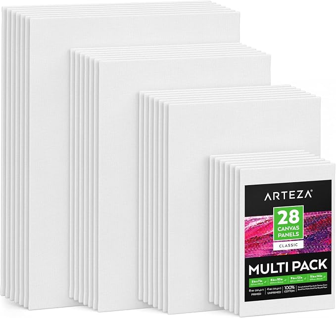 ARTEZA Canvas Panels Multi-Pack, 28 Blank Canvas Boards, 5 x 7, 8 x 10, 9 x 12 and 11 x 14 in, 100% Cotton Pre-Primed Painting Canvases for Acrylic, Oil, Gouache, Pouring, and Crafts by ARTEZA