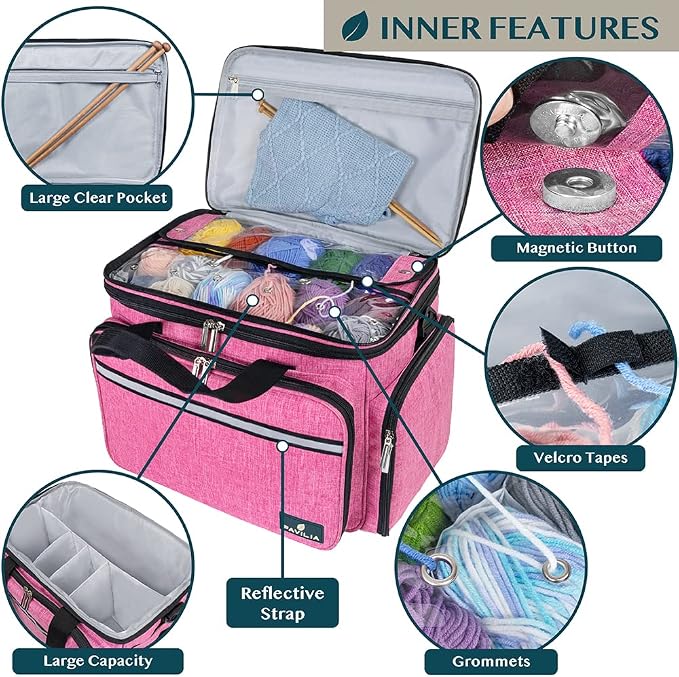 PAVILIA Knitting Bag Yarn Storage Tote - Large Crochet Organizer, Holder for Knitter Projects, Accessories Set, Gifts for Crochet Lovers - Heather Pink - Image 2