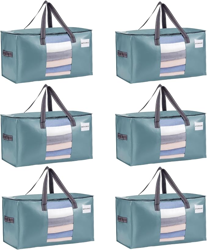 VENO Moving Bags, Wide Open Top, Clear Window, Light Blue, 6 Pack | Moving boxes Alternative, Heavy Duty, Storage Bags, Clothes and Comforter Storage, Packing Supplies, College Dorm Essentials by Veno