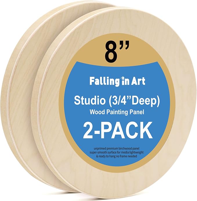 2 Pack 8'' Unfinished Round Birch Wood Panels | Studio 3/4’’ Deep Wood Canvas, Cradle Boards for Painting, Pouring, Burning, Crafts, Epoxy Resin, Laser Engraving Cutting by FallinginArt