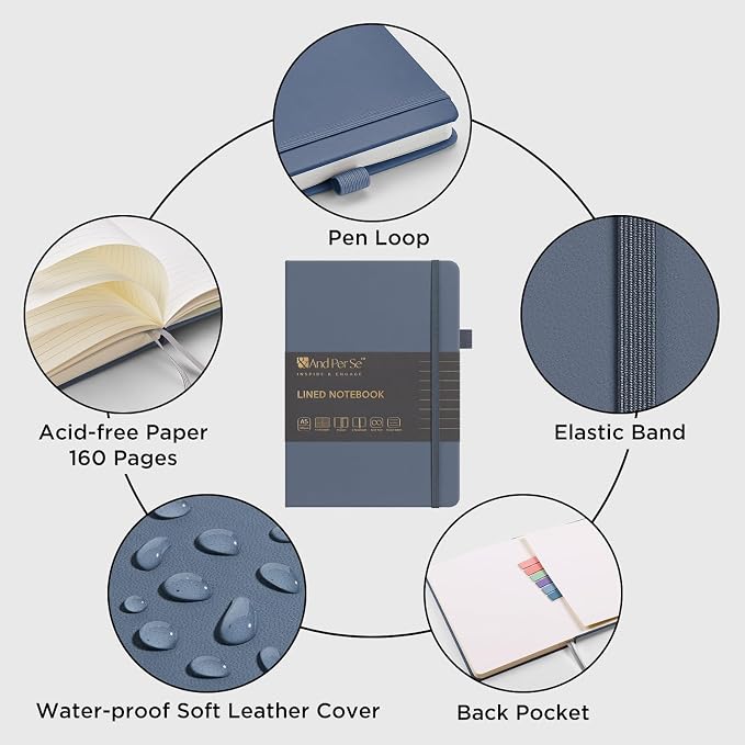 &And Per Se Lined Notebooks Bulk 5-Pack, A5 Hardcover Journal, 160 Pages 100gsm Thick Paper, Classroom Supplies for Students, Teachers, College Ruled Notebooks for School Office (Dark Blue) - Image 5