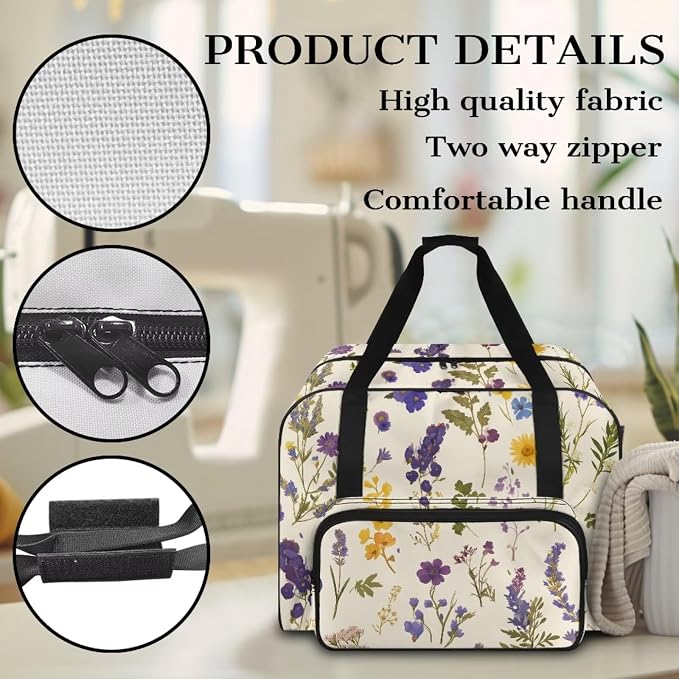 Floral Sewing Machine Carrying Cases Beige Carrying Travel Storage with Storage Pocket Sewing Machine Accessory Organizer Lightweight Sewing Machine Tote Pattern - Image 6