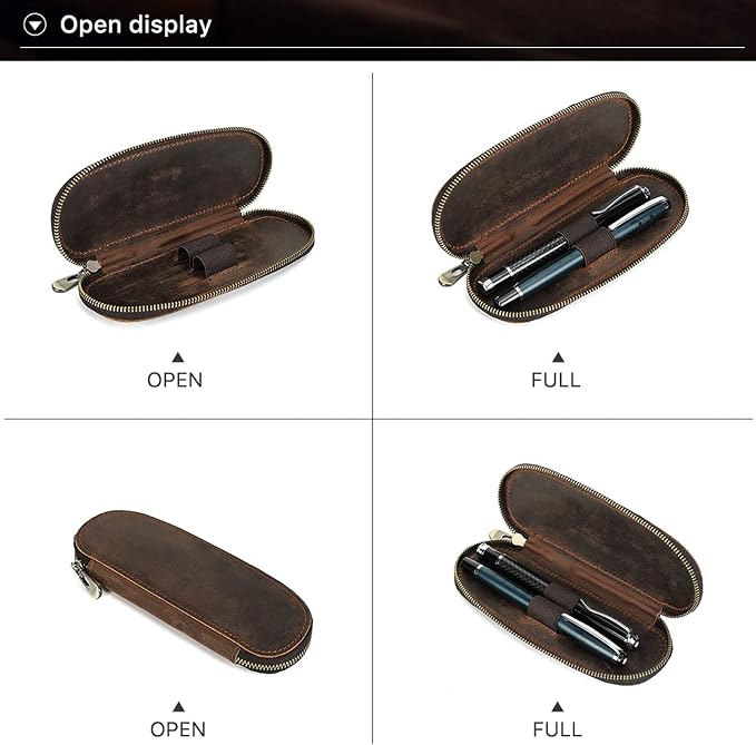 Top Grain Genuine Leather 2 Pen/Pencil Case Bag Organizer, Minimalist Vintage Design, Handmade, Zipper Closure with Stretch Strap, Gift Choice for Man/Woman/Office, Matte Coffee, 2 Slots - Image 6