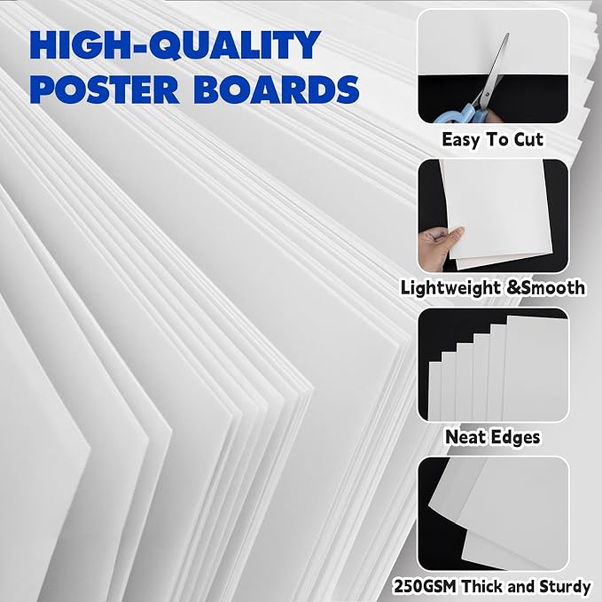 TUXIYA 200 Pack White Poster Board,13.5" x 17.5" White Poster Paper Bulk,250GSM/92LB Heavy-Weight Blank Poster Board for Arts,Craft,Projects Presentations,Drawing Scrapbooking - Image 3