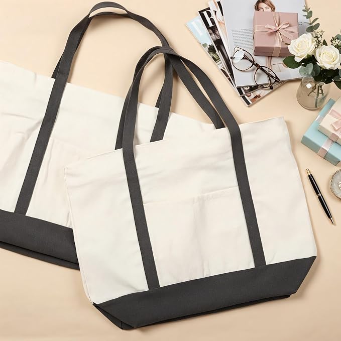 4 Pcs Large Canvas Tote Bags Bulk with Top Zipper Closure, Reusable Grocery Shopping Bags, Bachelorette Party DIY Gifts (21" X 15" X 6",Grey) - Image 5