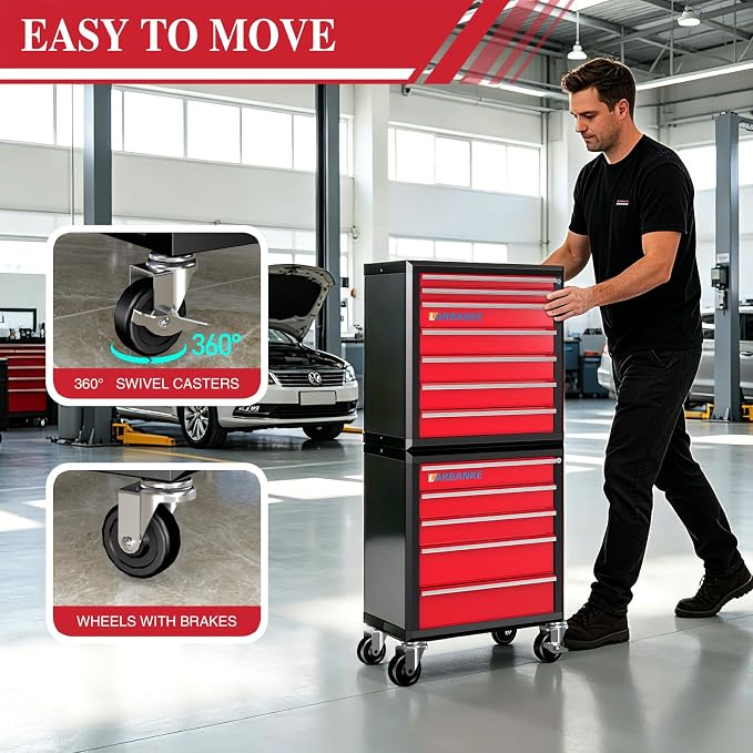 12-Drawer Rolling Tool Chest with Wheels,Lockable Tool Cabinet | 360° Swivel Castors, Drawer Liner,Multifunctional Waterproof Top, Connect Rods for Combination with Similar Tool Cabinets - Image 4