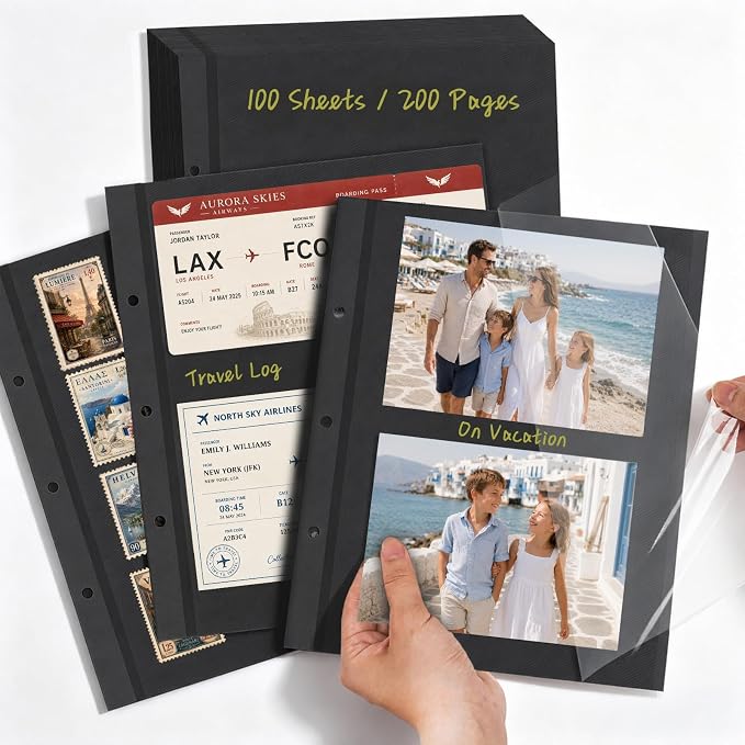 Vienrose Self Adhesive Photo Album Refill Pages 100 Sheets Black | 9 x 11 inch, 3 Ring D Ring binders, Acid free, Waterproof, 4x6 5x7 8x10 photos by Vienrose