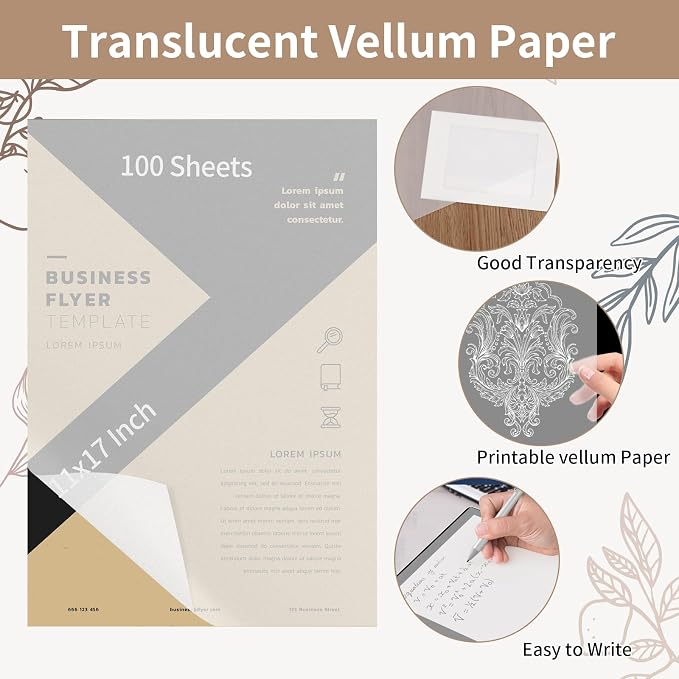 100 PCS 11x17 Inch Translucent Vellum Paper 60 GSM Drafting Vellum Tracing Paper Sheets White Translucent Invitation Paper for Drawing Sketching Wedding Architecture Building Ink (Can't Print) - Image 2