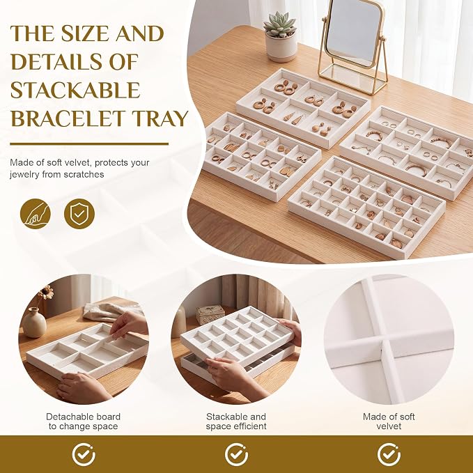 Unittype Set of 4 Stackable Jewelry Organizer Tray for Drawer Inserts Velvet Necklace Earring Bracelet Ring Holder Jewelry Display Storage Box for Bangle Stud Necklace Ring(6/12/15/24 Grid,Beige) - Image 3