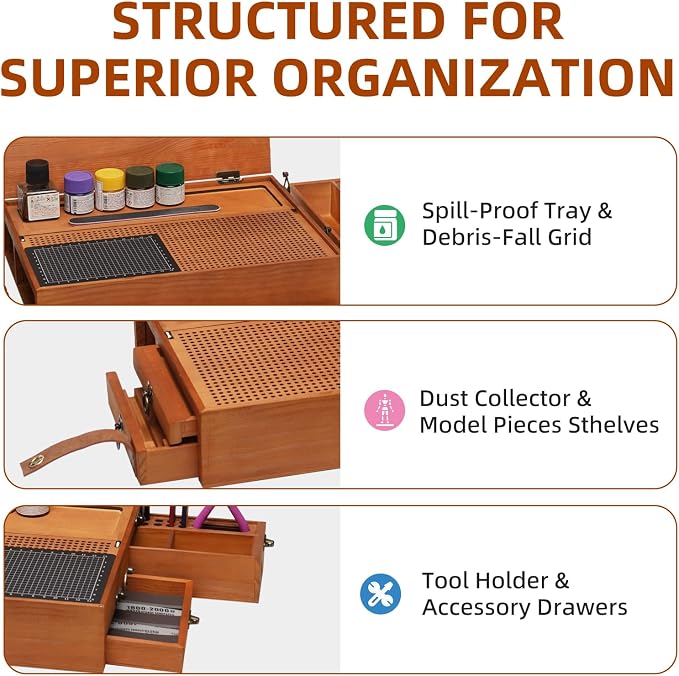 Model Building Station, Portable Hobby Workbench with Tool Storage | Solid wood hobby station with dust collection, cutting mat, tool holders for model, miniatures & scale model assembly - Image 3