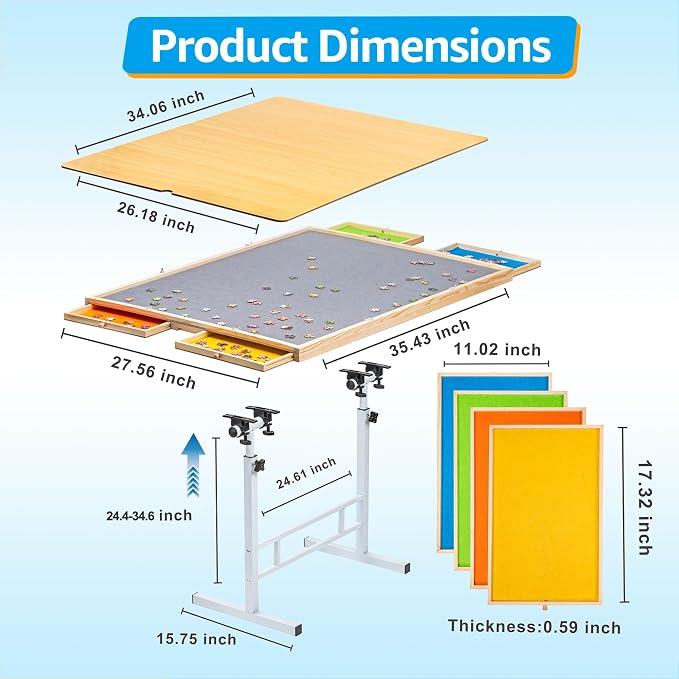 Fanwer Adjustable Puzzle Table with Drawers & Wooden Cover, 1500 Pieces | 35 x 26 in Jigsaw Board with Legs, 24.4-34.6 in Height, Tilting, 4 Drawers for Home Sorting and Storage - Image 3