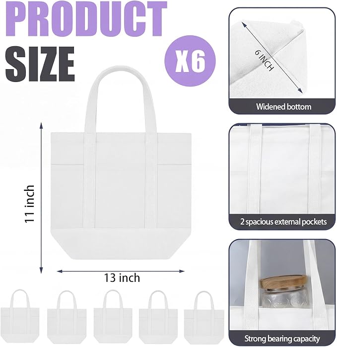 Eccliy 12 Pcs Mini Canvas Tote Bags 16" x 14" x 4" Small Tote Shopping Bag Bulk with Pocket Handle Blank Heavy Duty Reusable Canvas(White) - Image 4