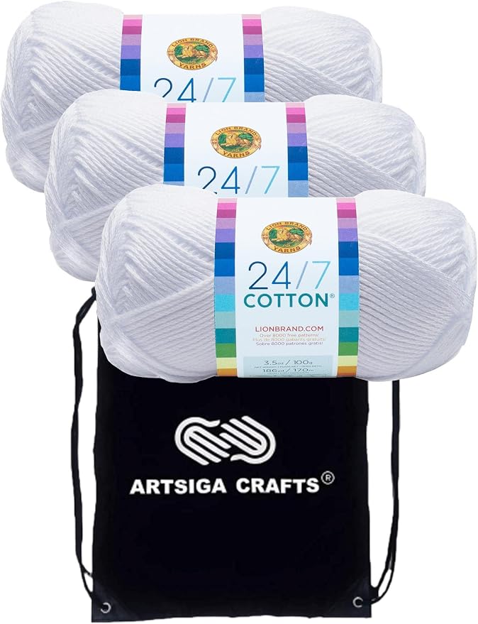 Lion Brand Yarn 24/7 Cotton 761-100 White | 3 Skeins, Same Dye Lot, Project Bag, CYC #4 Worsted, 100% Mercerized Cotton, Ideal for Crochet, Knitting Amigurumi, Toys by LionBrandYarn