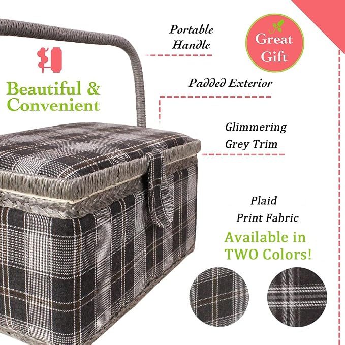 Sewing Basket with Floral Print Design - Sewing Kit Storage Box with Removable Tray, Built-in Pin Cushion and Interior Pocket - by Adolfo Design (Large - 12" x 9" x 6", Dark Gray Plaid) - Image 3