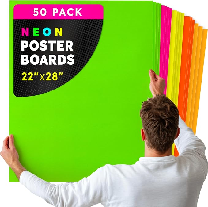 Hygloss Medium Poster Board 22x28 - 50 Assorted Neon Color Bulk Pack - 10 Pt. Thickness Colored Poster Board Paper for Projects, Signs, Displays - Posterboard Multipack 22" x 28" by HyglossProductsInc