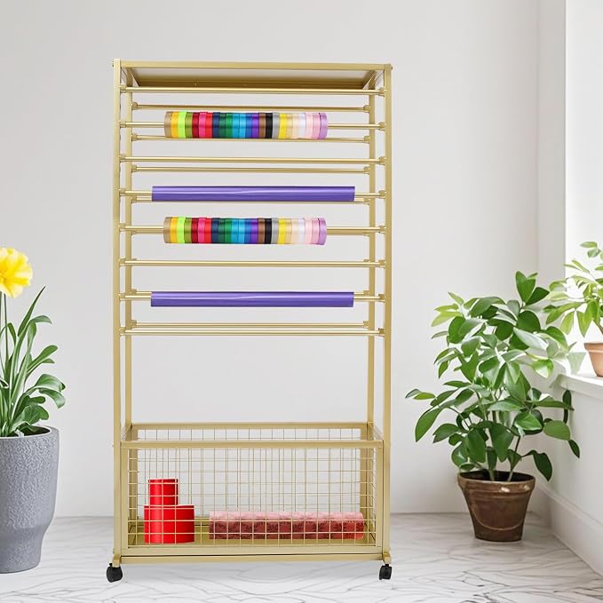 Ribbon Holder Organizer Rack, 16-Layer Ribbon Holder with Wheels | Double-Sided 16-Layer Ribbon Holder with Wheels, Wrapping Paper Ribbon Display Rack Storage Shelf for Craft Room - Image 3