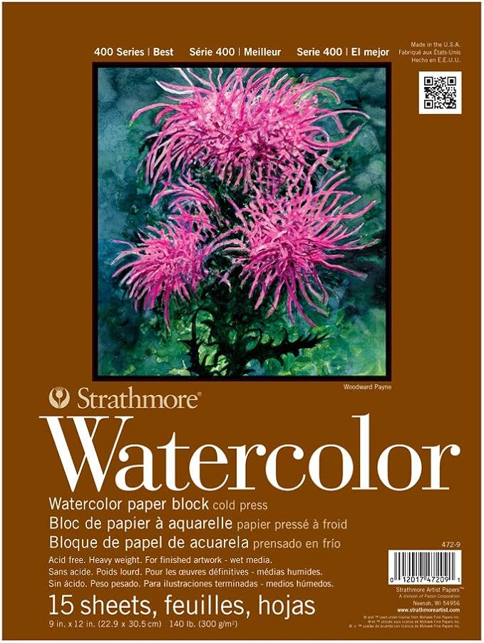Strathmore 400 Series Watercolor Block, Cold Press, 9"x12" Bound (4 Sides), 15 Sheets/Block, White by StrathmorePaper