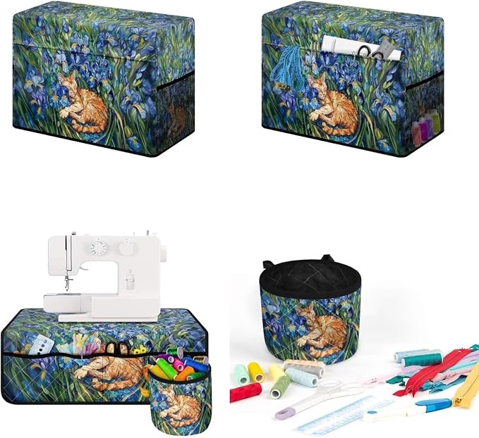 Iris Flower Orange Cat Print Sewing Machine Muffling Mat and Dust Cover to Keep Clean & Safe Muffling Mat Protection Suitable for Brother Singer Bernina and Most Machines - Image 4