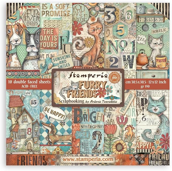 Stamperia - Scrapbook Paper Pad for Scrapbooking, Albums, Card Making, Bullet Journalling and More, Acid Free, Double-Sided, Perfect for Hobbies, Crafts, and Gifting (Furry Friends) (12 x 12 inches) by Stamperia