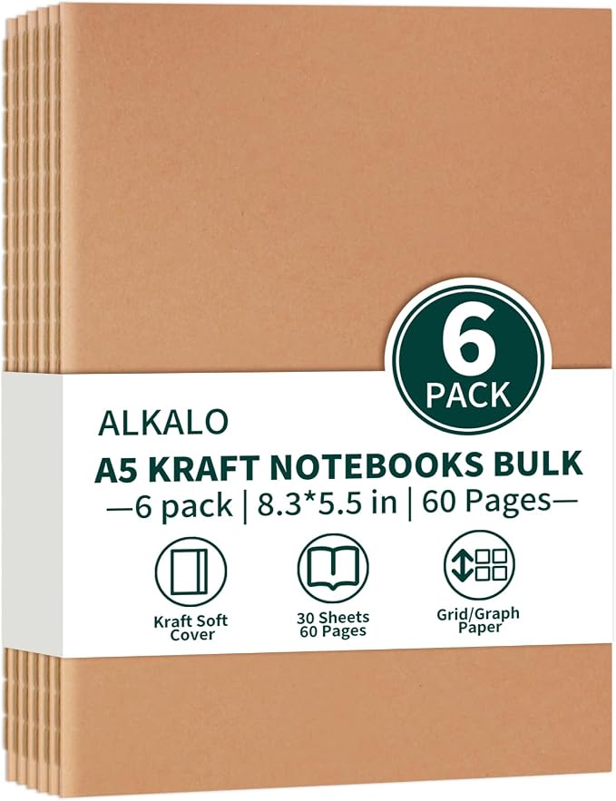 6 Pack A5 Grid Kraft Notebooks Bulk, 8.3x5.5 Inches, Journaling Notebooks | A5 Graph Paper Notebook, 30 Sheets/60 Pages, Soft Cover Composition Notebook, Journal Notebooks Set for Work, School, Writing by ALKALO