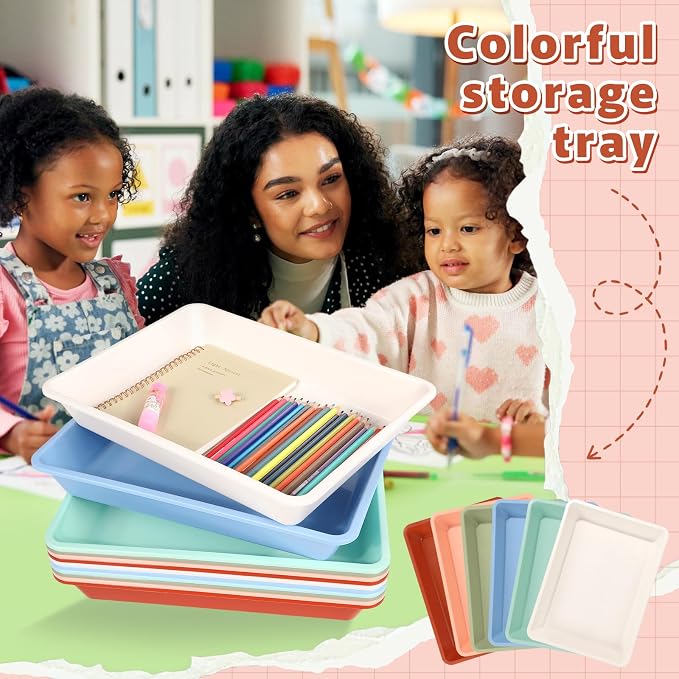 12 Pack Letter Size Flat Storage Paper Tray Organizer Bin Tray Plastic Stackable File Organizer for Classroom Library School Office Teacher Desktop Book Organization (Boho) - Image 4