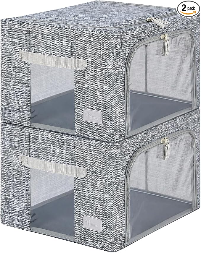 Periea Beau 2 Pack Storage Boxes – Collapsible Stackable Fabric Organizers Storage Bags with Steel Frame, Front Window & Top/Front Zip Access - Grey Tweed - Small by Periea