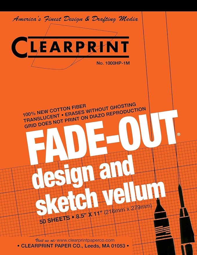Clearprint 8-1/2" x 11" 1000H Design Vellum Pad with Printed Fade-Out 5x5 Grid, 16 lb., 100% Cotton, 50 Sheets, 1 Each by Clearprint