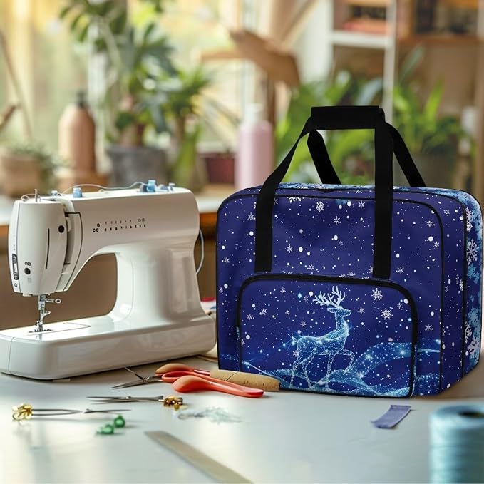 Txnsiver Sewing Machine Carrying Bag Versatile Dust Bag Universal Large Capacity Sewing Machine Storage Case Portable Travel Tote Bag, Christmas Deer Snowflake Deep Blue - Image 4