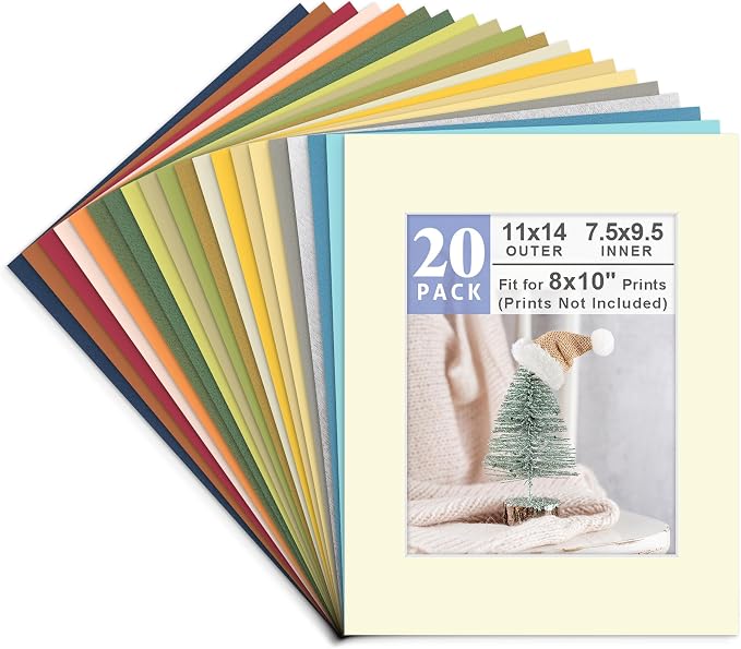 Golden State Art 20 Pack Mixed Color Photo Mats 11x14 for 8x10 Mats Only | Acid-Free Pre-Cut7.5x9.5 Opening 4-Ply Bevel Cut White Core Photo Matte Matting by GoldenStateArt