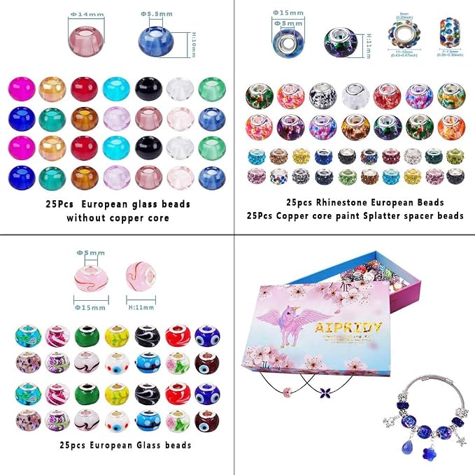 Aipridy European Large Hole Beads, Colorful Glass Charm Beads Set, Assorted Patterns and Designs Rhinestone Craft Beads for DIY Bracelet Jewelry Making (100, Pack by Style-Colored Glaze) - Image 4