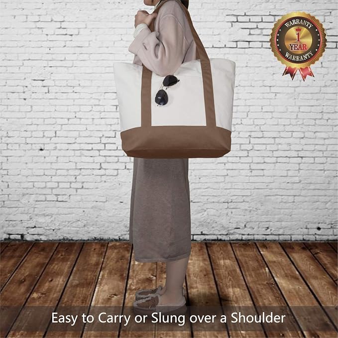 TOPDesign 6-Pack Canvas Tote Bags with an External Pocket, Reusable Grocery Shopping Bags, Top Zipper Closure, Daily Essentials (Brown/Natural) - Image 2
