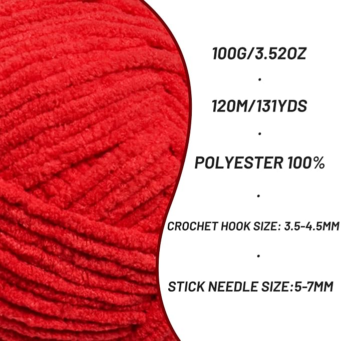 Plush Chenille Chunky Crochet Yarn - Baby Yarn for Crocheting Soft - Velvet Yarns Knitting for Blankets Crafts - Fluffy Amigurumi Yarns 100g / 131yd (Red) - Image 2