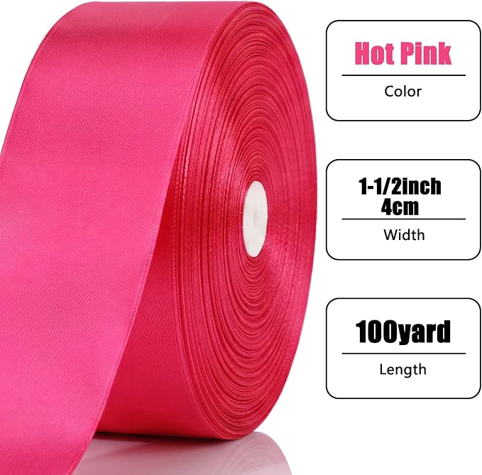 100 Yards Ribbon,1-1/2 Inch Hot Pink Satin Ribbon,Single Face Satin Ribbons | Perfect for Gift Wrapping,Wedding Decoration,Handmade Bows,Wrapping Bouquet and More - Image 2