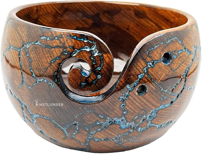 METLUMBER Wooden Yarn Bowl Rosewood Yarn Storage Bowl Holder & Dispenser for Tangle-Free Yarn Perfect Large Knitting & Crochet Bowl Fractal Wood Burning & Resin Artwork - Image 3
