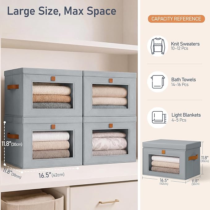 DIMJ Storage Bins with Lids - 5 Pack Front Opening Stackable Fabric Storage Boxes with Clear Window & Handles, Collapsible Closet Organizers for Clothes, Sweaters, Shelf Storage, Bedroom, Gray - Image 6