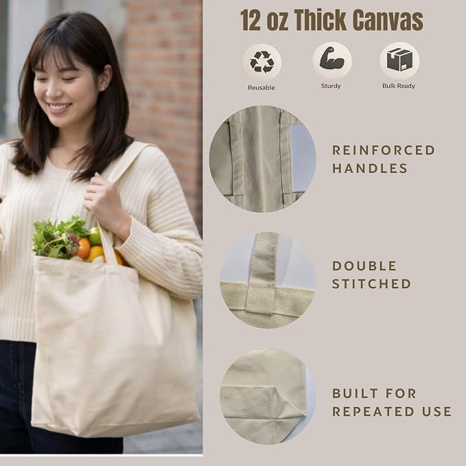 12 oz Canvas Tote Bags Extra Large Reusable Grocery Totes for Shopping, Crafts & Everyday Use Beige or Black - Image 4