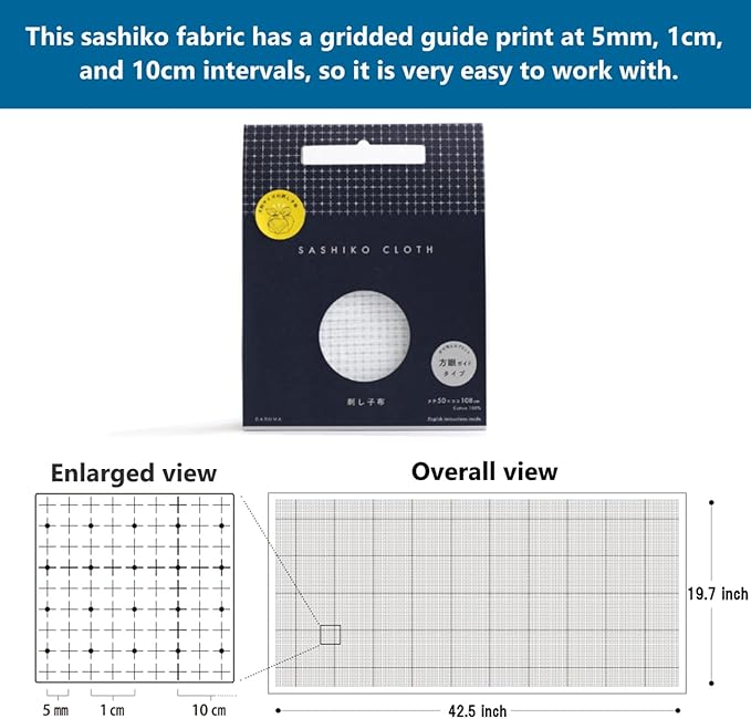 Sashiko kit, Daruma Sashiko Thread, Needles and Cotton Fabric with Grid Line Print, Marking Pencil, Thimblem and Traditional Design Sewing Set (Unbleached Thread/Navy Fabric) - Image 4