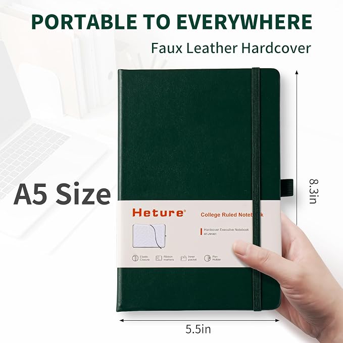 Heture Hardcover Journal Notebooks, A5 Lined Notebook for Writing and Work, 160 Pages 100 GSM Thick Paper, Ruled Notebooks Bulk with Elastic Closure, Hardcover Notebook for Work, School, Travel, Note Taking (Forest Green, 1 Pack) - Image 2