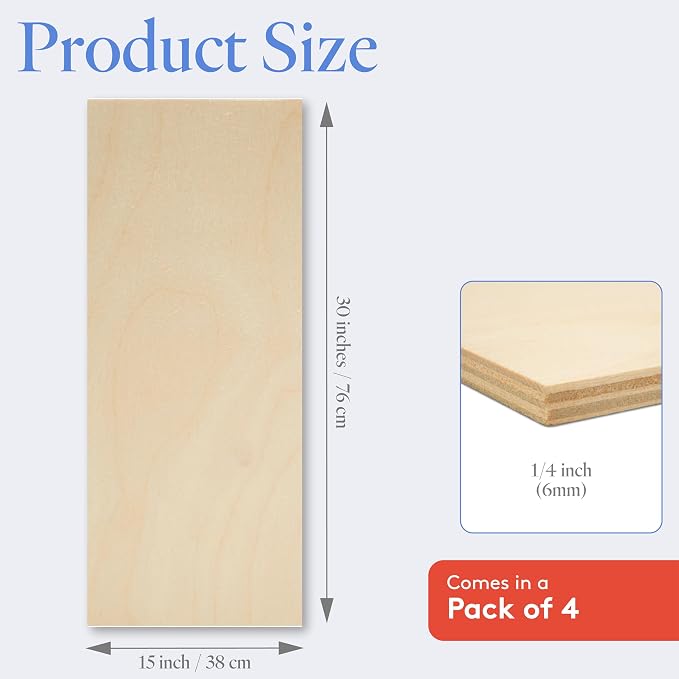 Baltic Birch Plywood 15 x 30 x 1/4 Inch - 6 mm Craft Wood, Pack of 4 B/BB Grade, Stronger Than Basswood Sheets or Balsa Wood, Perfect for Laser, CNC Cutting, Wood Burning, by Woodpeckers - Image 2