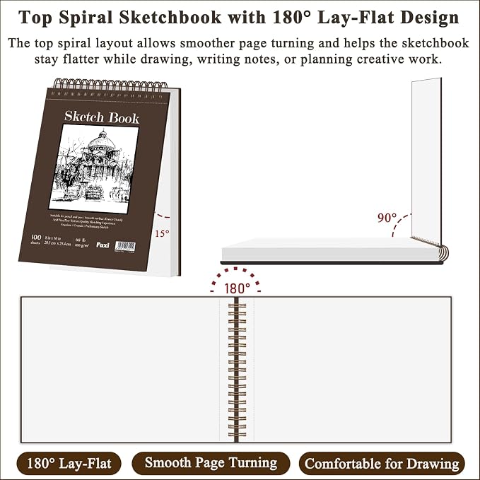 Fuxi 8x10 Sketchbook, Top Spiral-Bound Sketch Pads, 100-Sheets_68lb/100gsm | Art Sketch Books for Drawing, Acid-Free White Drawing Paper for Kids, Adults, Beginners, Students, Artists & Travelers - Image 3