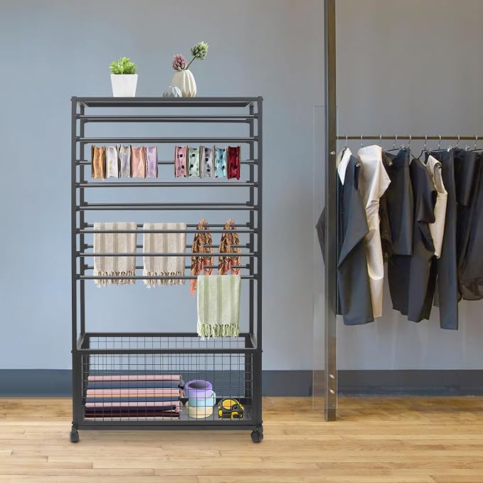 Double-Sided 16 Tier Ribbon Wrapping Paper Organizer Rack | 31.5"x12.6"x59" Large Capacity Ribbon Stand with Top Shelf, Ribbon Holder and Gift Bag Storage Organizers, Save Space (Black) - Image 5