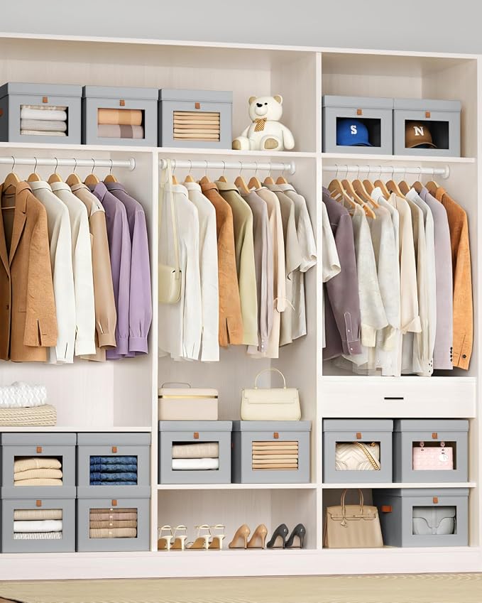 Storage Bins with Lid – Closet Organizer with Side Opening and Clear Window, Foldable Stackable Fabric Basket for Clothes, Home, Office - 13.77" x 11.8" x 9.8", 5 Pack, Grey - Image 3