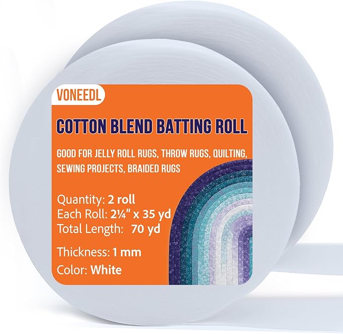VONEEDL Jelly Roll Batting Strip – 2 1/4 Inch x 70 Yards Cotton Blend Batting Roll for Jelly Roll Rugs, Throw Rugs, Quilting, Sewing Projects, Braided Rugs, 2 Rolls, 1mm Thick by VONEEDL