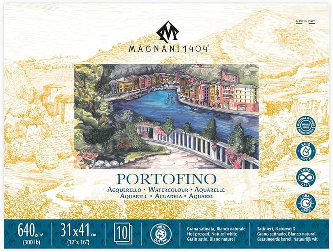 Magnani 1404 Portofino Hot Press 100% Cotton Watercolor Paper Block, 10 Sheets, 4.5x9, 300 lb, Acid-Free, UV Resistant, Vegan Sized Water Color Paper for Artists, Made in Italy by Magnani1404