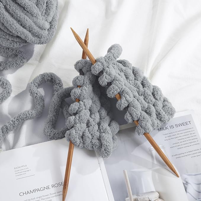 Hombys Light Grey Chunky Chenille Yarn for Crocheting & Knitting, Super Bulky Thick Fluffy Yarn for Hand Knitting Blanket, Soft Plush Yarn, 8 Jumbo Pack (27yds, 8 oz Each Skein) - Image 7