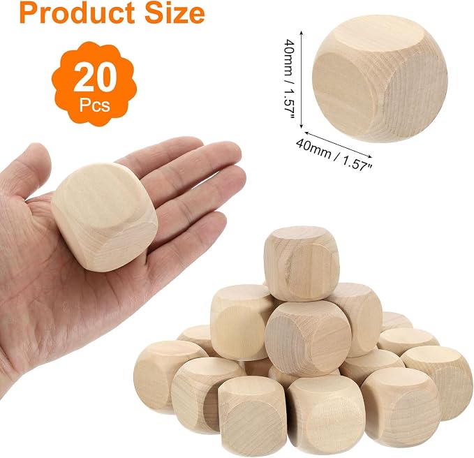 uxcell 20 Pcs Blank Wooden Dice, 40mm/1.57inch Unfinished Wooden Cube Rounded Corners Square Block for DIY Craft Projects - Image 2