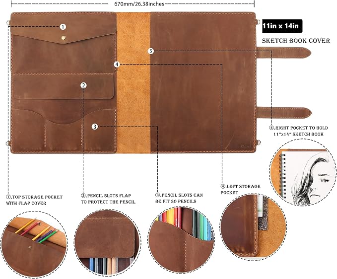 Robrasim Handmade Leather Sketchbook Cover, Artist Sketch Pad Holder for 11"X14" Sketchbook, Drawing Book and Pencil Case, Journal Notebook Portfolio with Shoulder Strap, Artist Gifts, Brown - Image 2