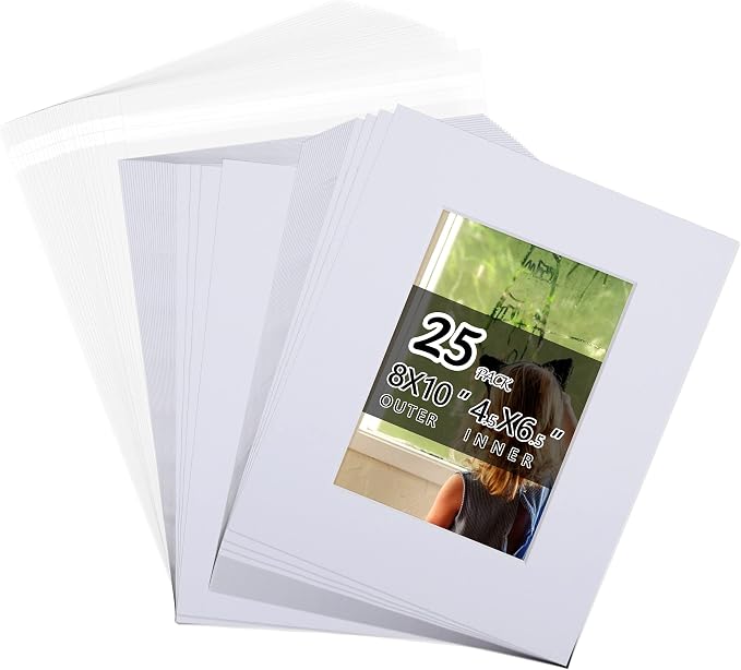 Falling in Art Acid Free 8x10 Pre-Cut Picture Mat Board Kit for 5x7 Photo | Includes 25 White Core Bevel Cut Mattes, 25 Backing Boards, 25 Crystal Clear Bags - Image 7