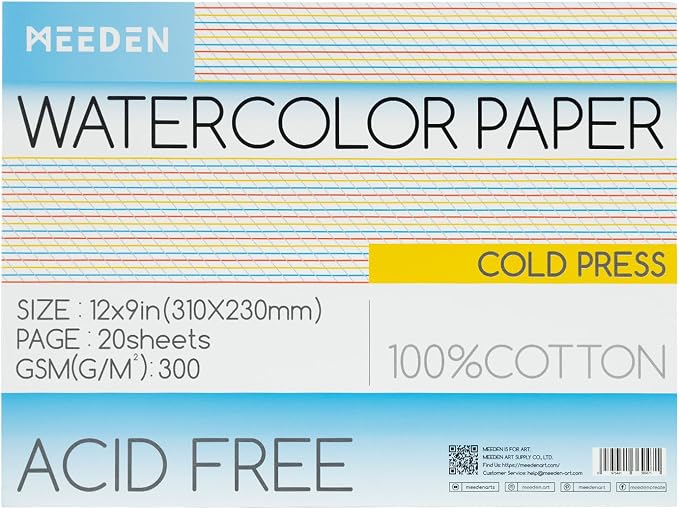 MEEDEN Cotton Watercolor Paper Block: 9" x 12" Cold Pressed of 20 Sheets | 140lb/300gsm 100% Cotton Watercolor Paper Pad, Acid-free Art Paper for Painting, Drawing, Watercolor, Gouache, Ink and More by MEEDEN